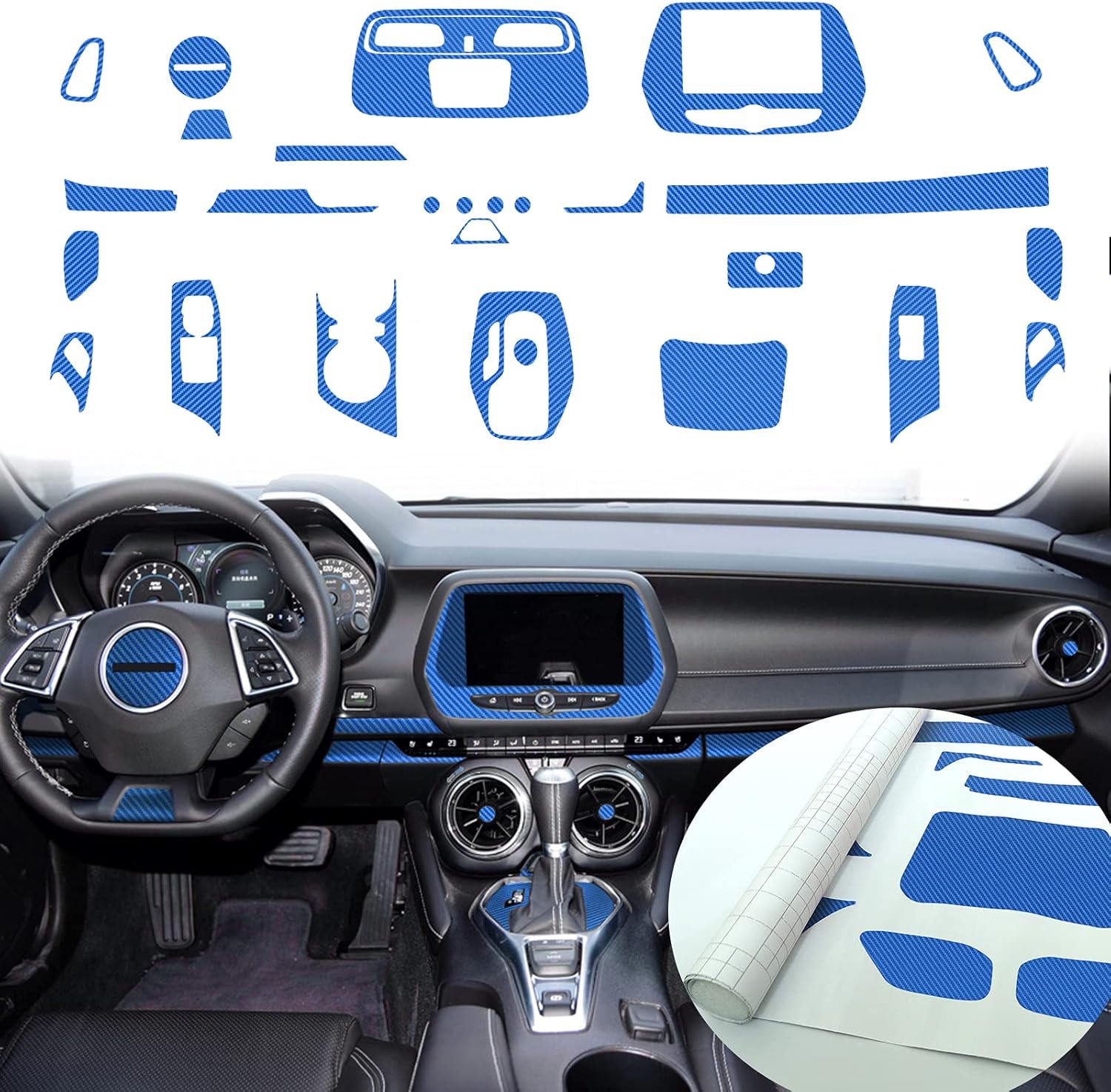 MICOOS Compatible with Carbon Fiber Texture Vinyl Wrap Center Console Dashboard Cover Interior Protective Decoration Accessories Sticker for Chevrolet Camaro 2020 2019 2018 2017 28PCS Blue
