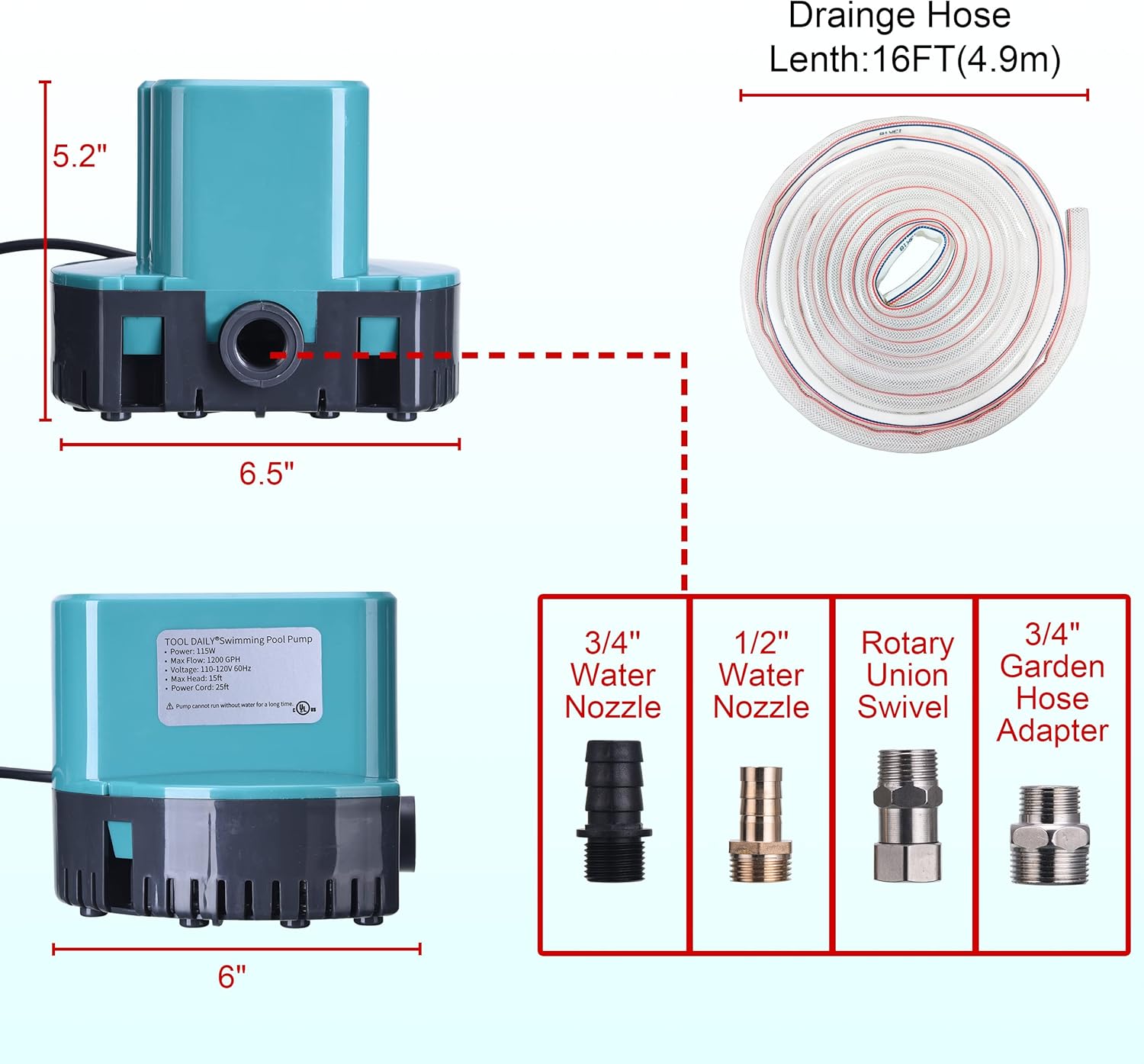 Pool Cover Pump, Submersible Pool Cover Pump 1200 GPH, Above Ground Swimming Sump Pump with 4 Adapters 16ft Drainage Hose, Ideal for Pool Draining Pack of 2