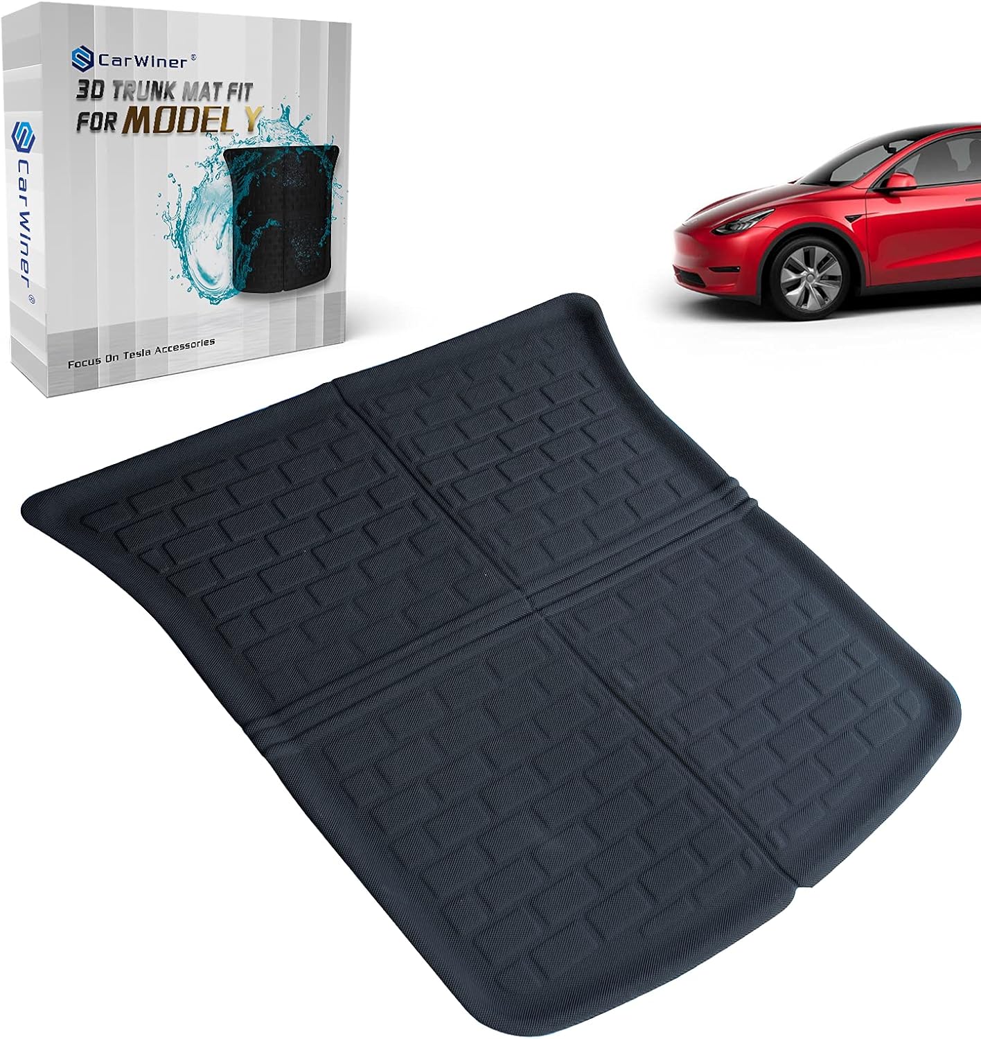 Carwiner Rear Trunk mats for Tesla Model Y Accessories All-Weather Waterproof Rear Cargo Liner 2020-2022 Pack of 2