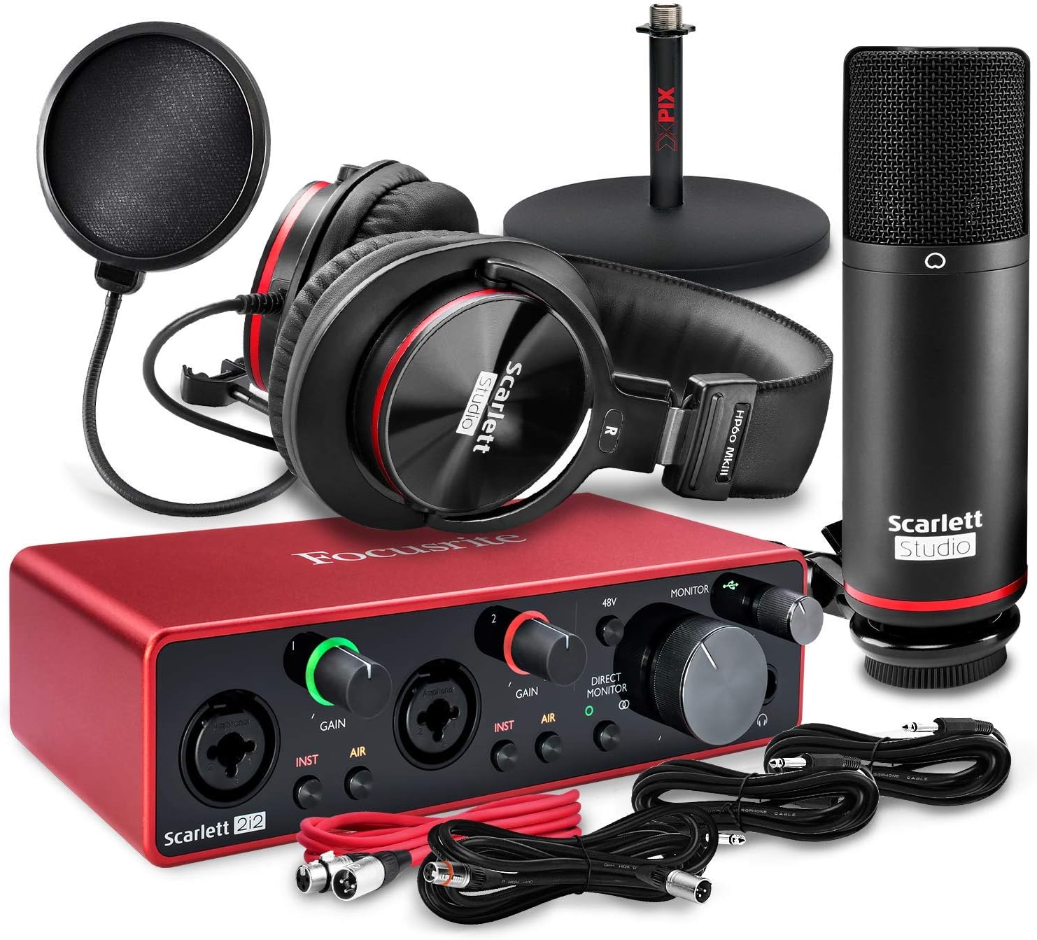 Focusrite Scarlett 2i2 2-in 2-Out Studio Package (3rd Gen) w/ CM25 MkIII Condenser Microphone, HP60 MkIII Professional Headphones + Xpix Pop Screen Filter, Xpix Mic Stand, Cables and Accessories