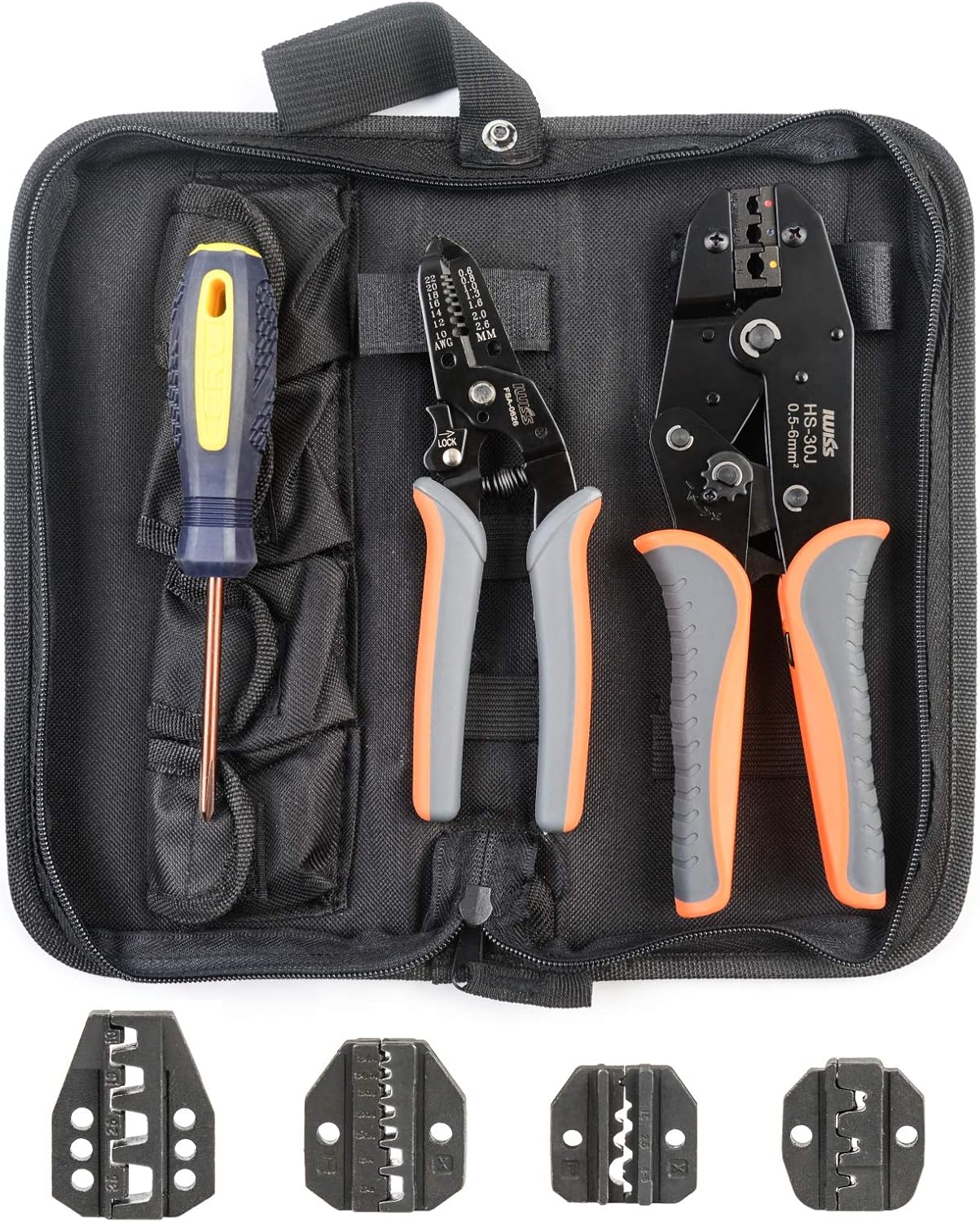 IWISS Ratchet Wire Crimping tool kit w/ 5 Interchangeable Jaws,Wire Striper&Cutter for Insulated and Non-Insulated Terminals 0.5-35mm &sup2; Oxford bag packing