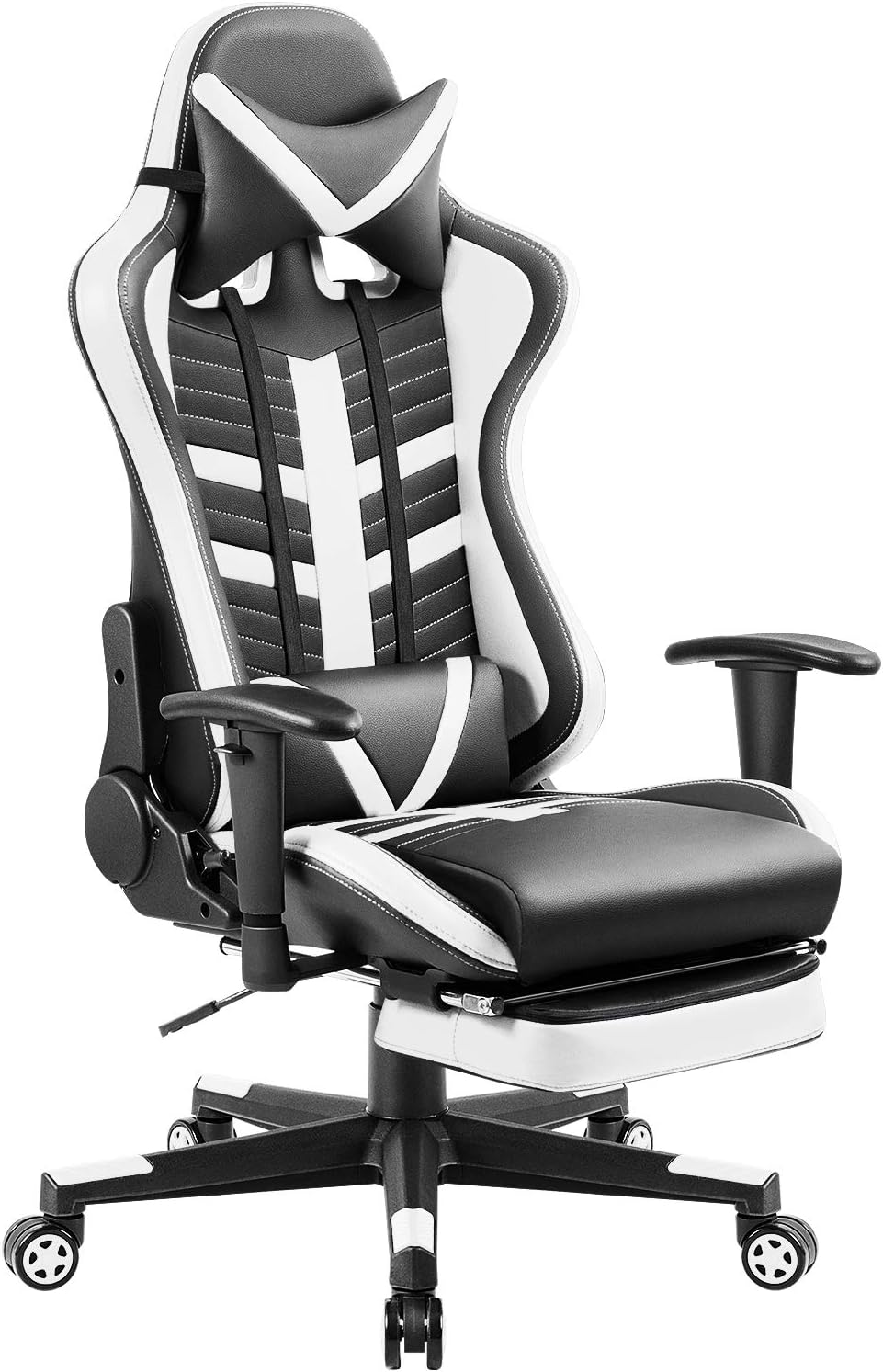 Homall Ergonomic High-Back Racing Chair | Leather Bucket Seat, Headrest, Footrest and Lumbar Support | Black & White