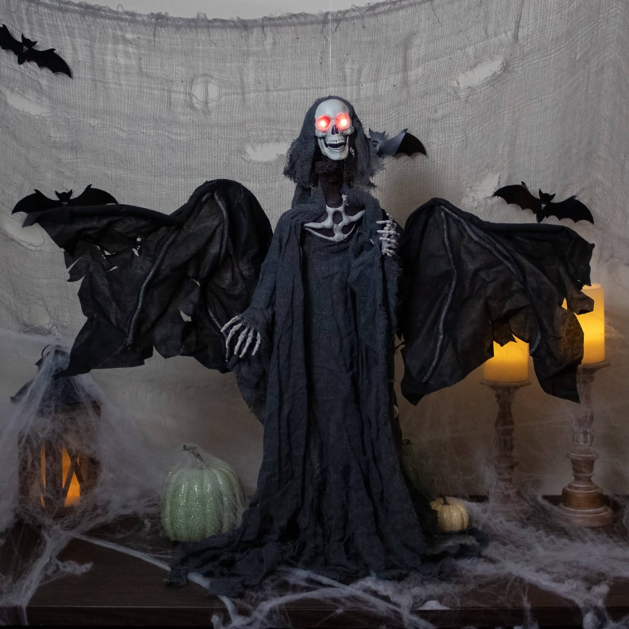 Northlight 50x22 Gray and Black Animated Hanging Winged Reaper with LED Eyes Halloween Decoration