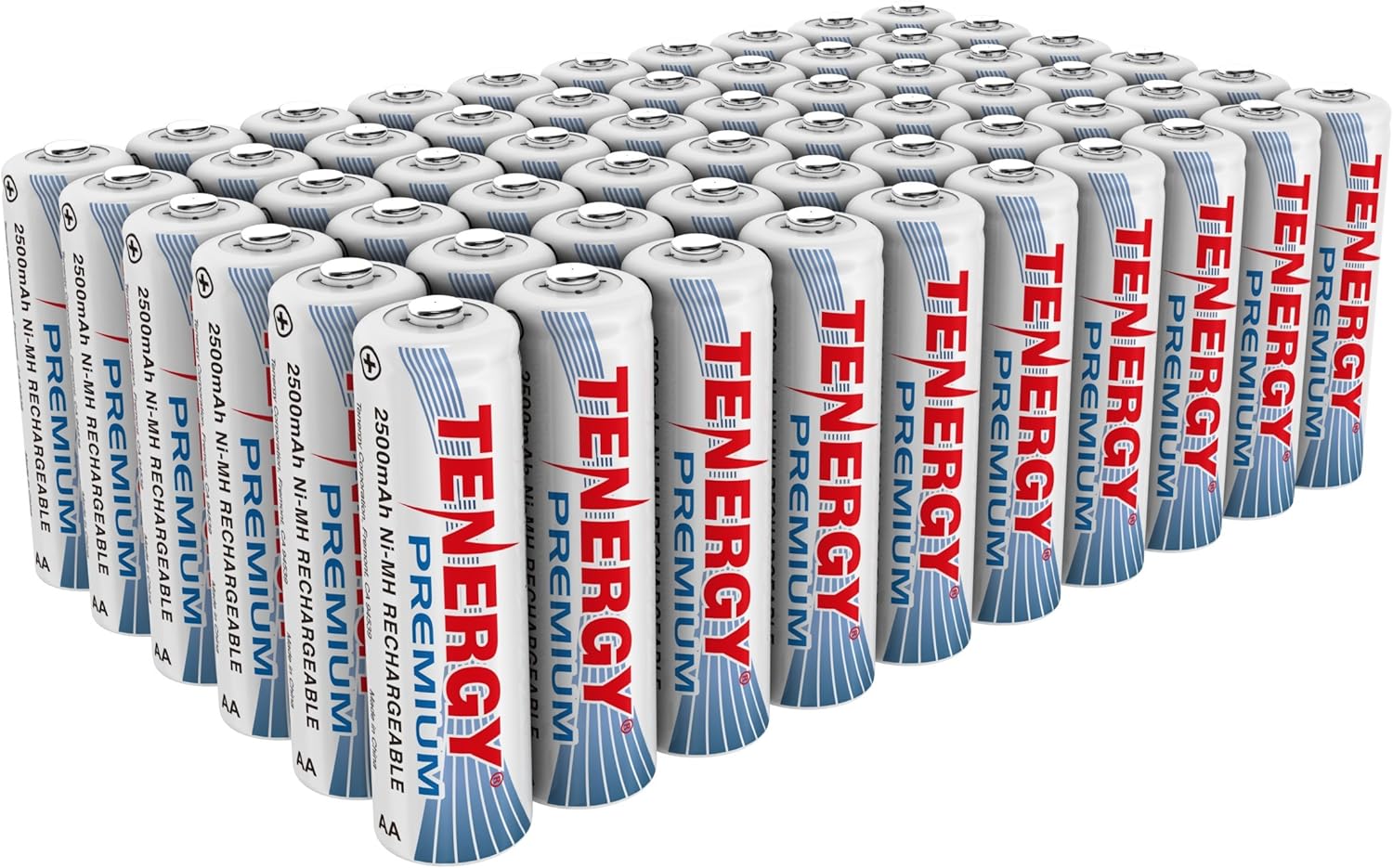 Tenergy Premium Rechargeable AA Batteries, High Capacity 2500mAh NiMH AA Battery, AA Cell Battery, 60 Pack