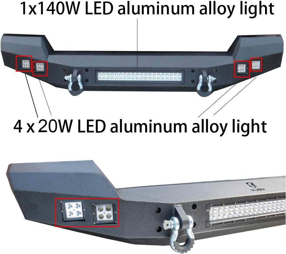Ronghui JL Full Width Front Bumper Textured Black with 5x20W LED Lights +2x4.75T D-Rings for 2018-2022 Wrangler JL/JLU