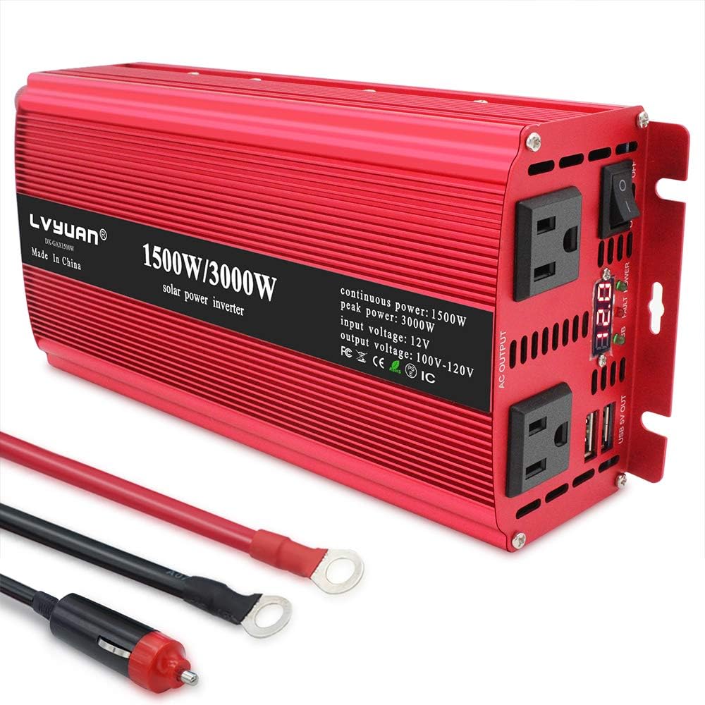 Yinleader 1500 Watts Car Power Inverter 12V to 110V,DC to AC Converter Dual AC Outlets and Dual 3.1A USB Ports for RV Caravan Truck Laptop Camping