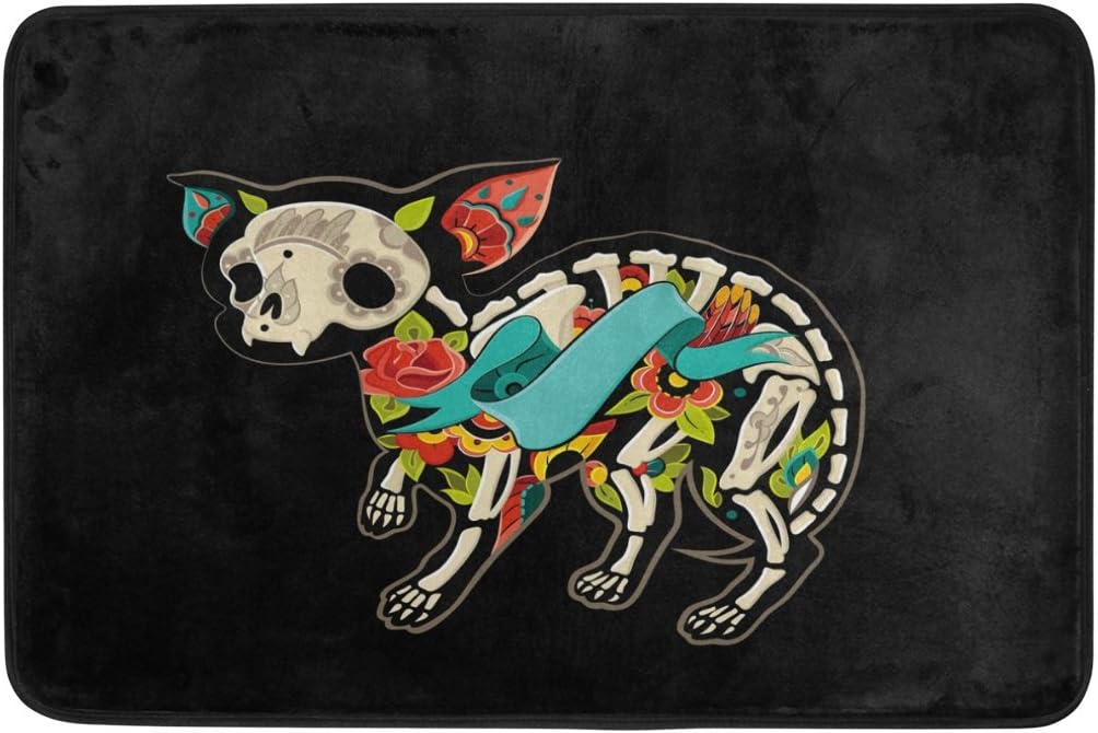 ALAZA Black Hipster Chihuahua Dog Sugar Skull Doormat Indoor Outdoor Entrance Floor Mat Bathroom 23.6 x 15.7 inch