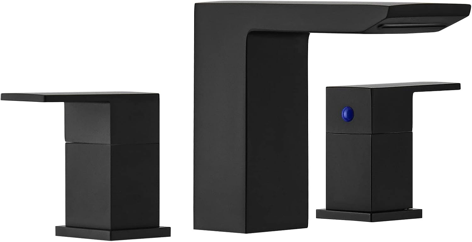 BESy Matte Black Bathroom Faucet 3 Holes Two Handles Lavatory Vanity Sink Faucet Widespread 8 Inch Bathroom Sink Faucet, Waterfall Bathroom Sink Faucet With Supply Hoses, Basin Brass Faucet Mixer Taps