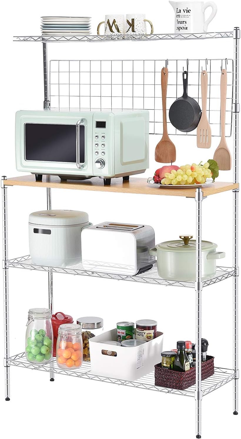 TOOLF Standing Baker's Racks with Wood Table, Kitchen Microwave Oven Stand, 4-Tier Metal Utility Storage Shelf with Mesh Panel, 6 Hooks, Height Adjustable Free Standing Rack for Kitchen, Garage