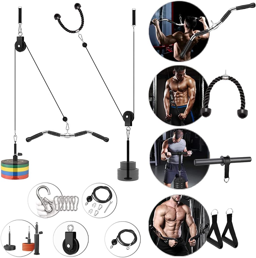 4 in 1 Fitness LAT and Lift Pulley System,Upgraded Pulley Cable Machine with Curl Pulldown Bar,Forearm Blaster Roller,Tricep Rope, Exercise Handles,for Triceps Pull Down,Biceps Curl,Back,Forearm