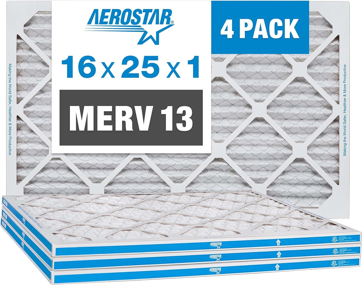 Aerostar 16x25x1 MERV 13 Pleated Air Filter, AC Furnace Air Filter, 4 Pack (Actual Size: 15 3/4