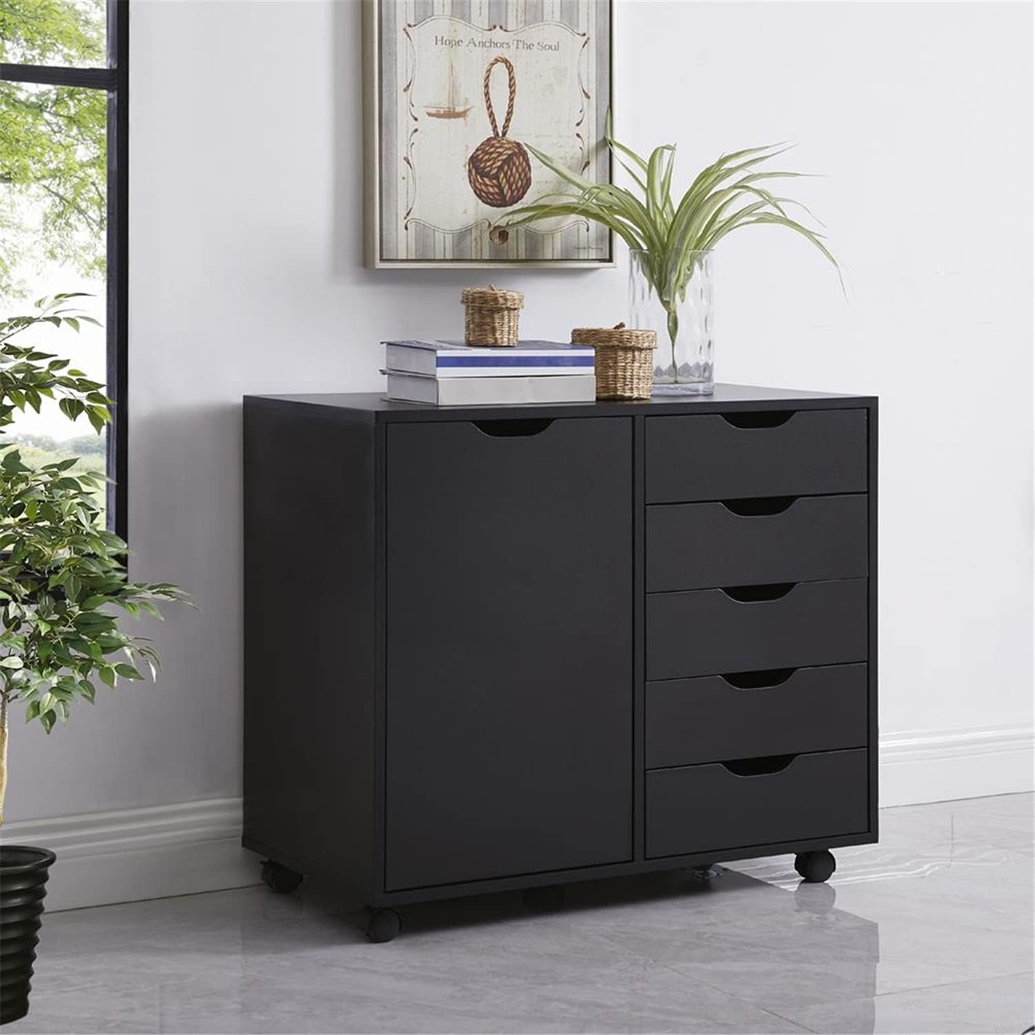 Naomi Home Amy 5-Drawer Office Storage Cabinet with Shelves Black