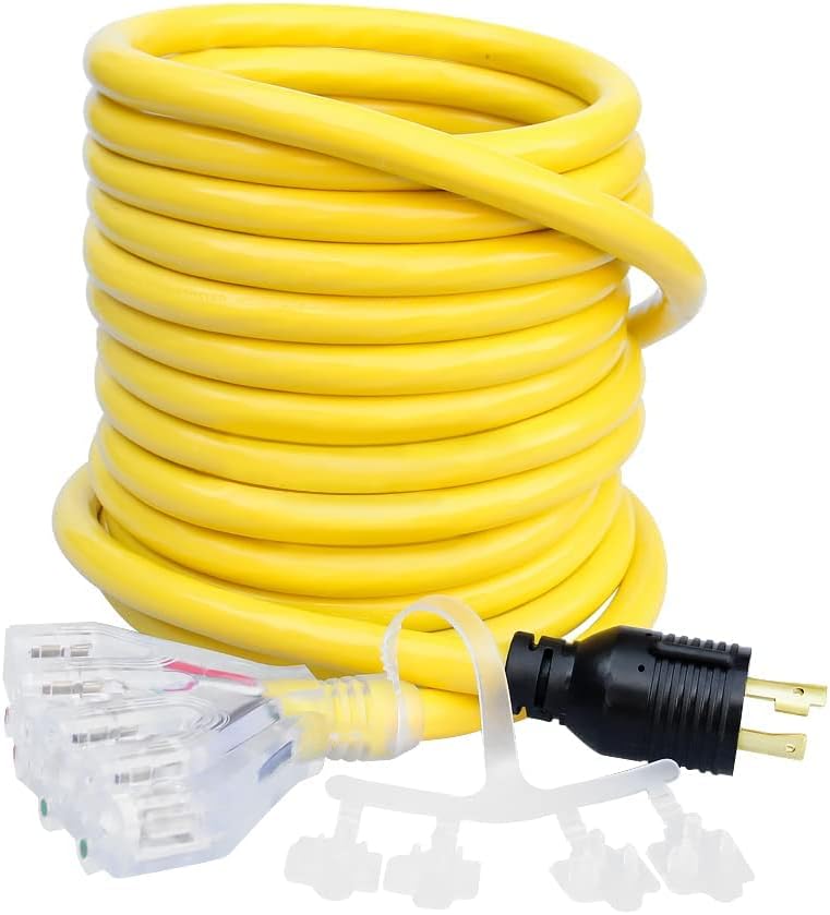 ExiBryony NEMA L14-30 to Four 5-20R Generator Locking Cord,10 Gauge Distribution Cord,Generator Adapter with Power Indicator, Household Cable with UL Listed,125/250V,7500W,4Prong,25FT Pack of 2