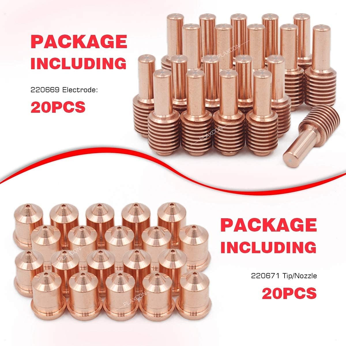 PLAXON 20pcs 220669 Electrode & 20pcs 220671 Tip Nozzle Fit for 45 Plasma Cutter Hand or Machine Torch (45A Plasma Cutting Current), Copper, 220669 220671