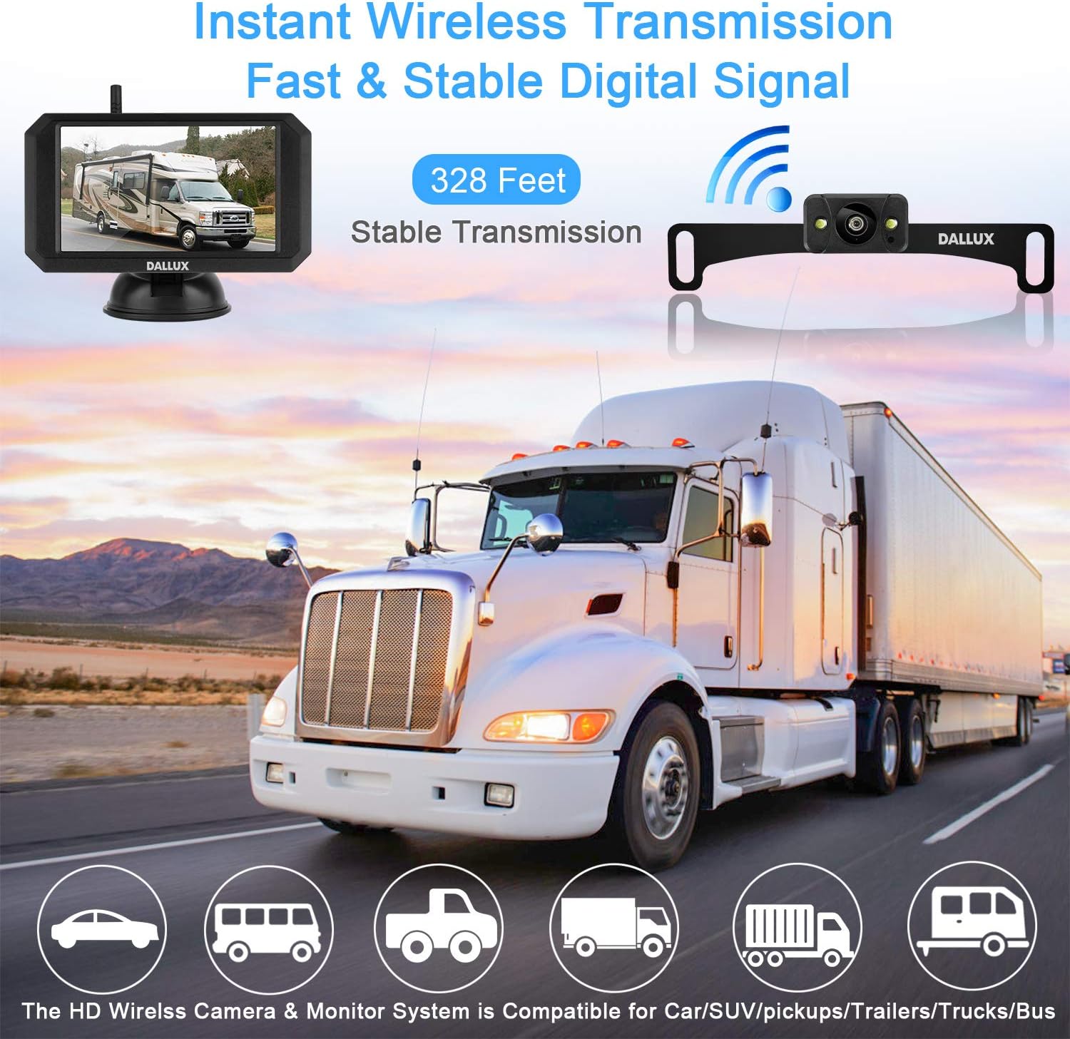 DALLUX Wireless Backup Camera with Stable Digital Signal,5 Inch Monitor+HD 1080P Front/Rear View Night Vision Waterproof Camera for Car,Pickup,Truck,RV,SUV,Van,Camper License Plate Easy Installation