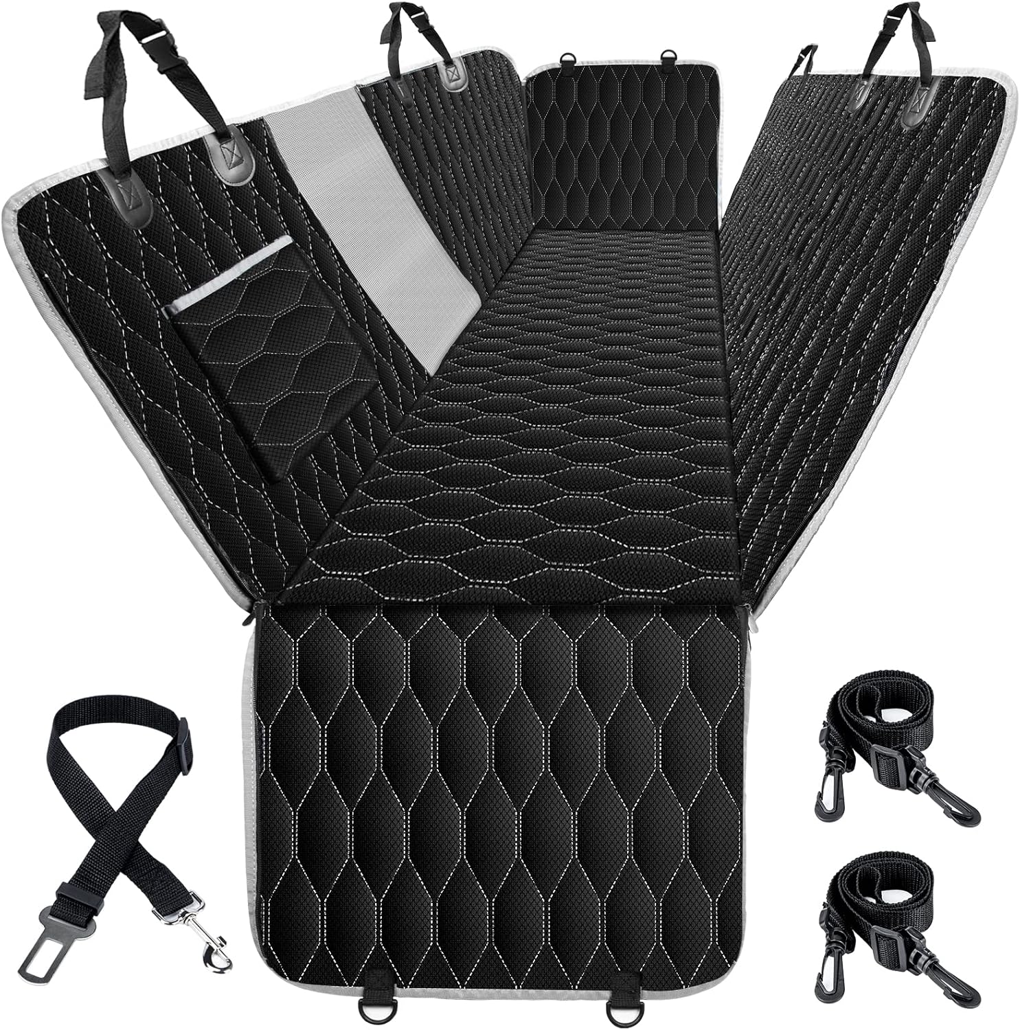 Laadd Dog Car Seat Cover for Back Seat, 100% Waterproof Dog Seat Cover with Mesh Window, Nonslip Scratchproof Car Seat Covers for Dogs, Dog Hammock for Car, Trucks and SUVs, Standard, Black