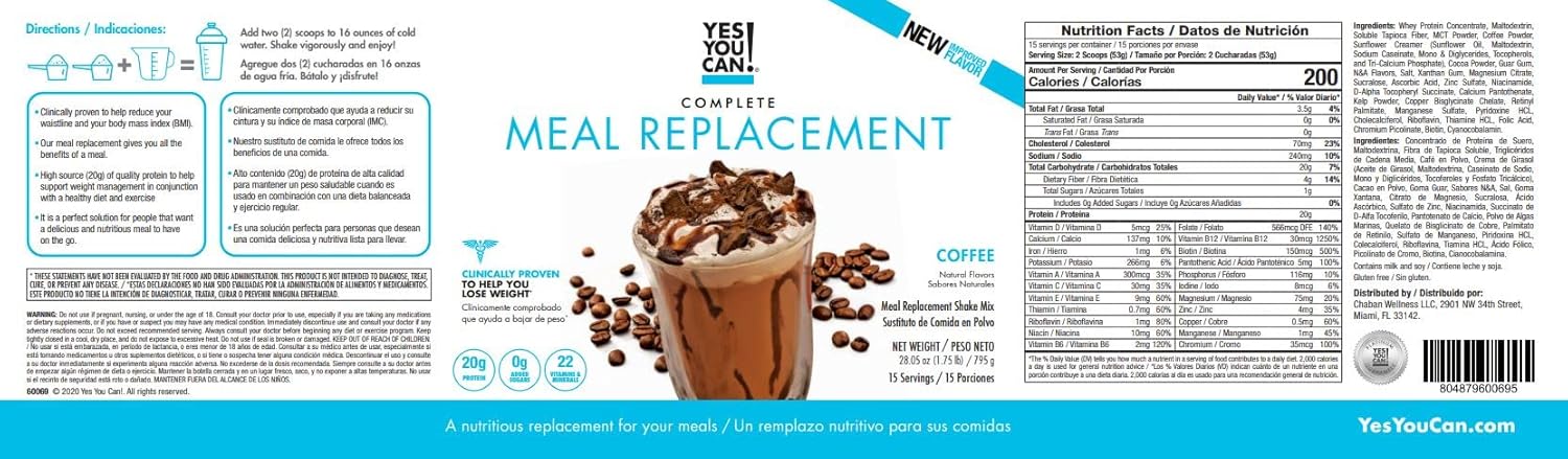 Yes You Can! Complete Meal Replacement Powder - 15 Servings, 20g of Protein, 0g Added Sugars, 22 Vitamins and Minerals | All-in-One Nutritious Meal Replacement Shake (Coffee) Pack of 2