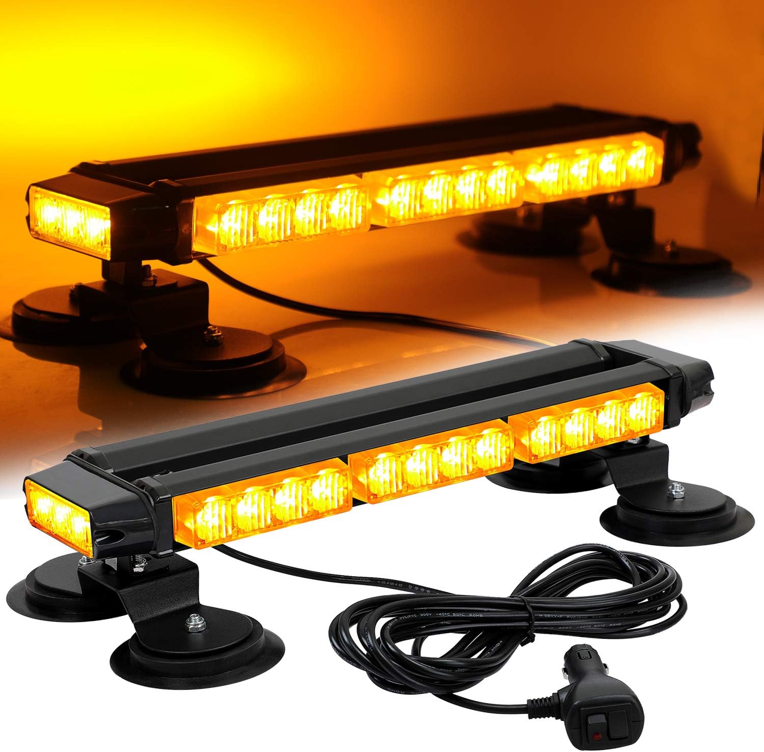 ASPL 16.8 Inch LED Strobe Flashing Light Bar, 26 Flashing Modes High Intensity Emergency Hazard Warning Beacon Lights with Magnetic Base for Car Trucks Trailer Roof Safety (Amber White Amber)