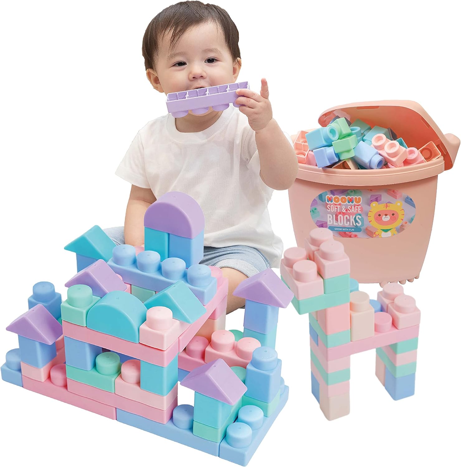 MOOMU Soft Building Blocks Set for Toddlers, Baby Ages 6 Month Old and up, Safe Chewing, Learning Stacking Block Toys, Non Wooden Gift for Kids Girl / Boys, 120 Pieces with Storage Chair - Blue Gray