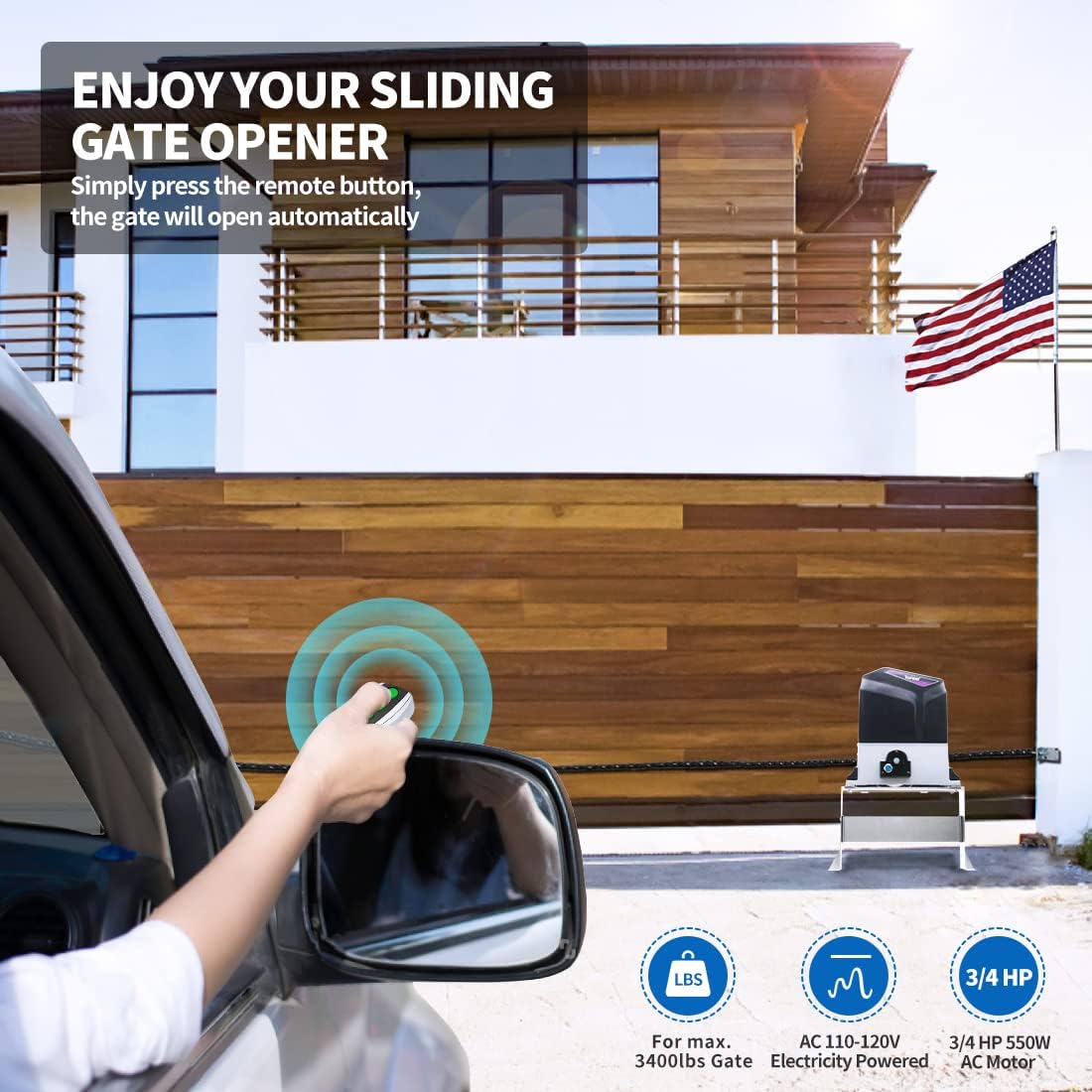 TOPENS CK1200 Automatic Sliding Gate Opener Chain Drive Electric Gate Motor for Heavy Driveway Slide Gate Up to 3400 Pounds, Security Gate Operator AC Powered with 20ft Roller Chain and Remote Control