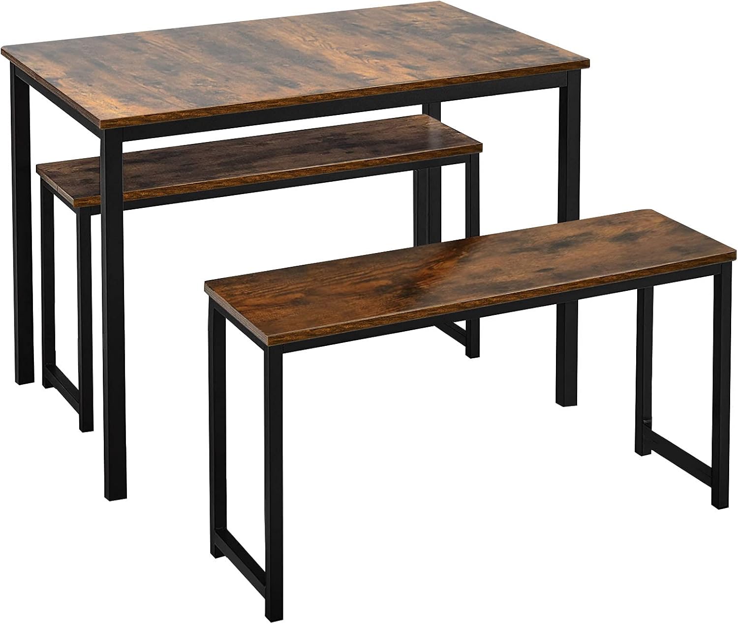 Giantex Dining Table with Bench, Modern Studio Collection Table with 2 Benches, Kitchen 3Pcs Bench Dining Table Set with Metal Frame for Living Room, Kitchen, Small Space (Industrial Brown & Black)