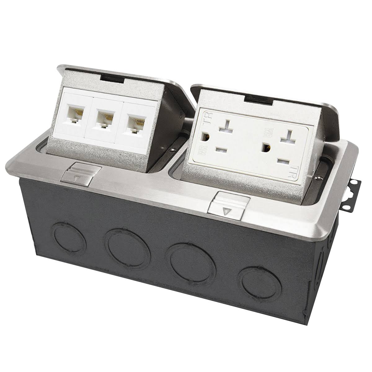 2-Gang Rectangle Pop-Up Floor Box with 20A TR Receptacles and Data Ports - Nickel Plated Brass
