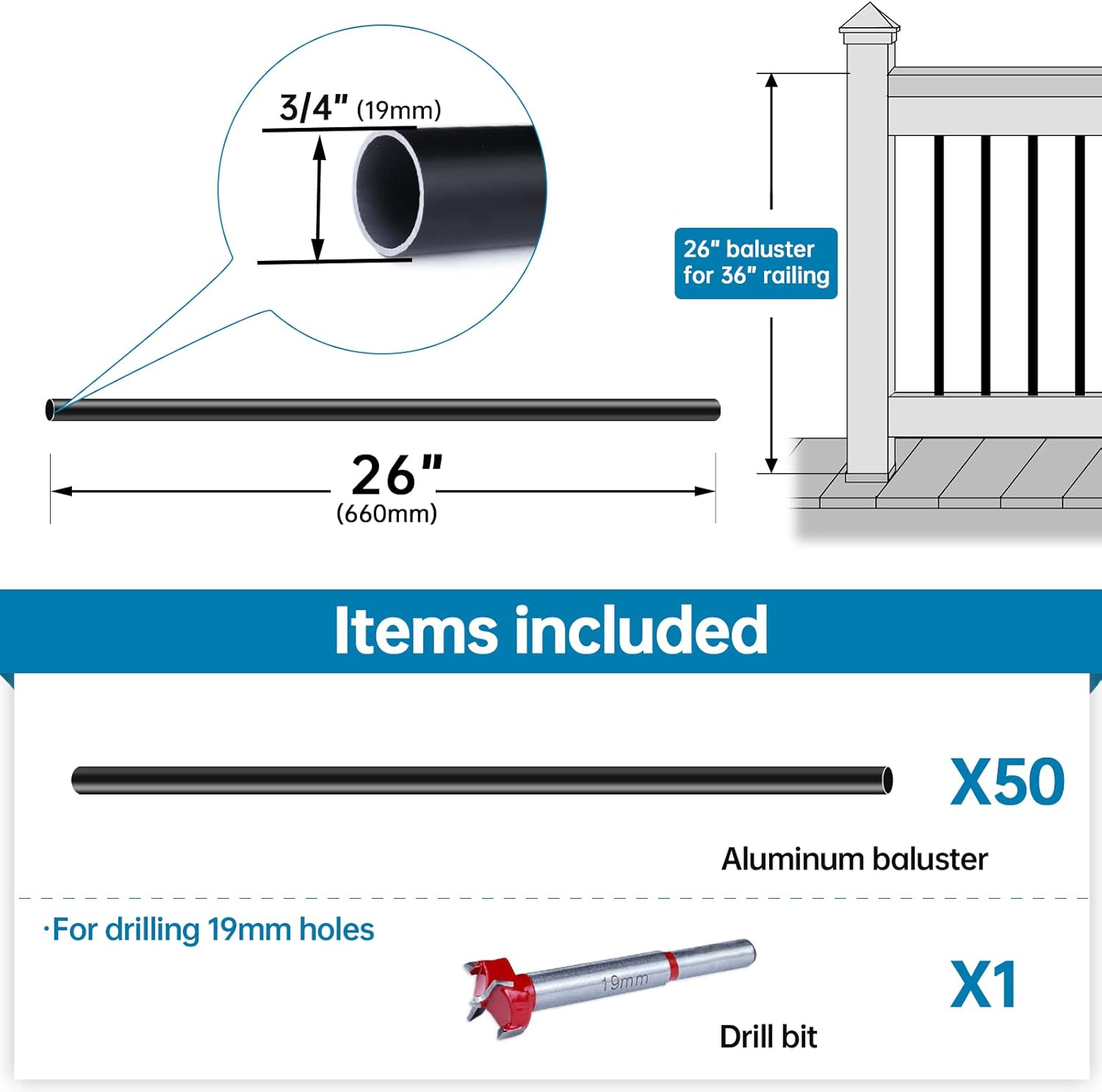 Muzata 50pack 26&rdquo;x3/4&rdquo; Aluminum Deck Balusters for 36 inch Wood Composite Post Deck Railing Black Indoor Outdoor Porch Staircase Stair Spindles Hollow Round WT02