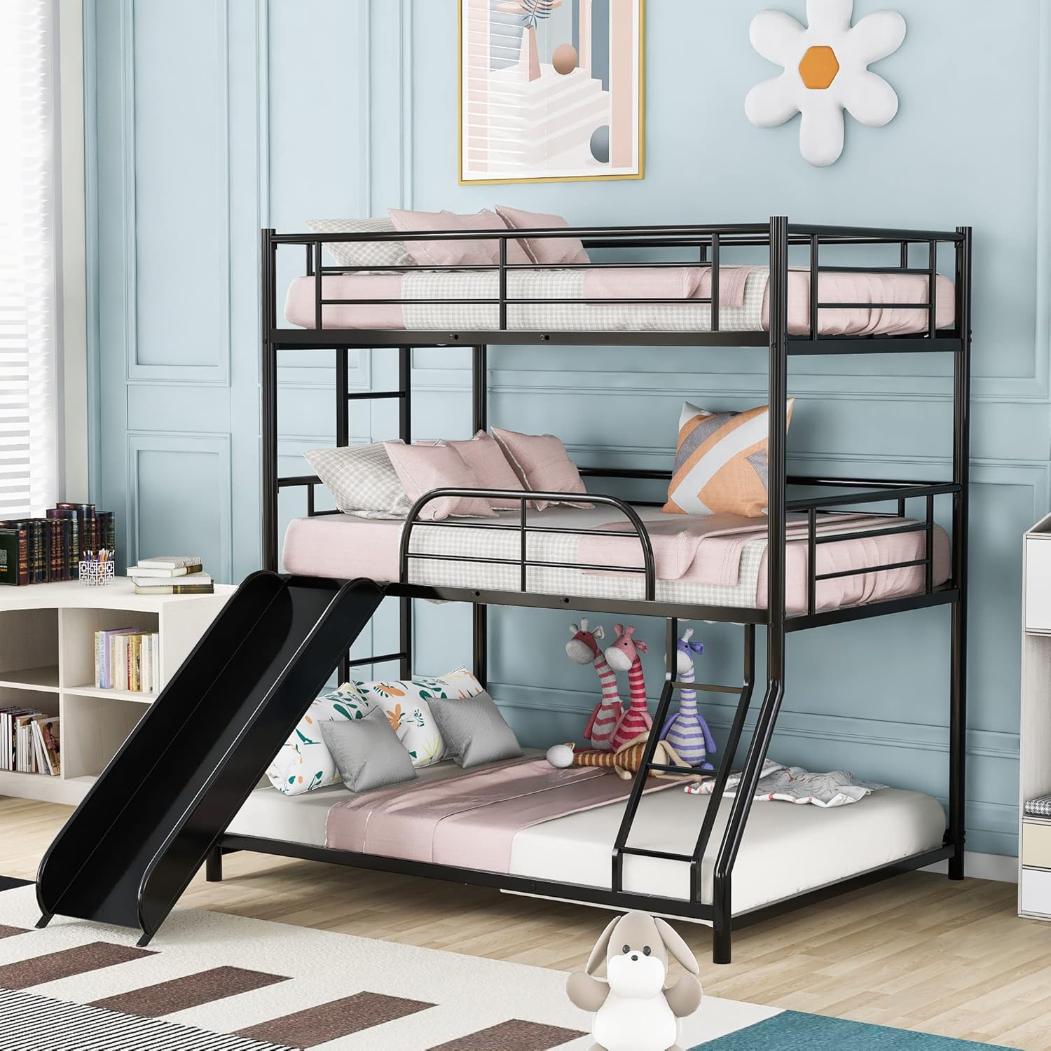 Metal Triple Bunk Beds, Twin Over Full Bunk Bed Attached Twin Loft Bed with Desk, L-Shape Triple Beds Frame with Ladders and Guardrails, Safe Design for Kids Teens Adults