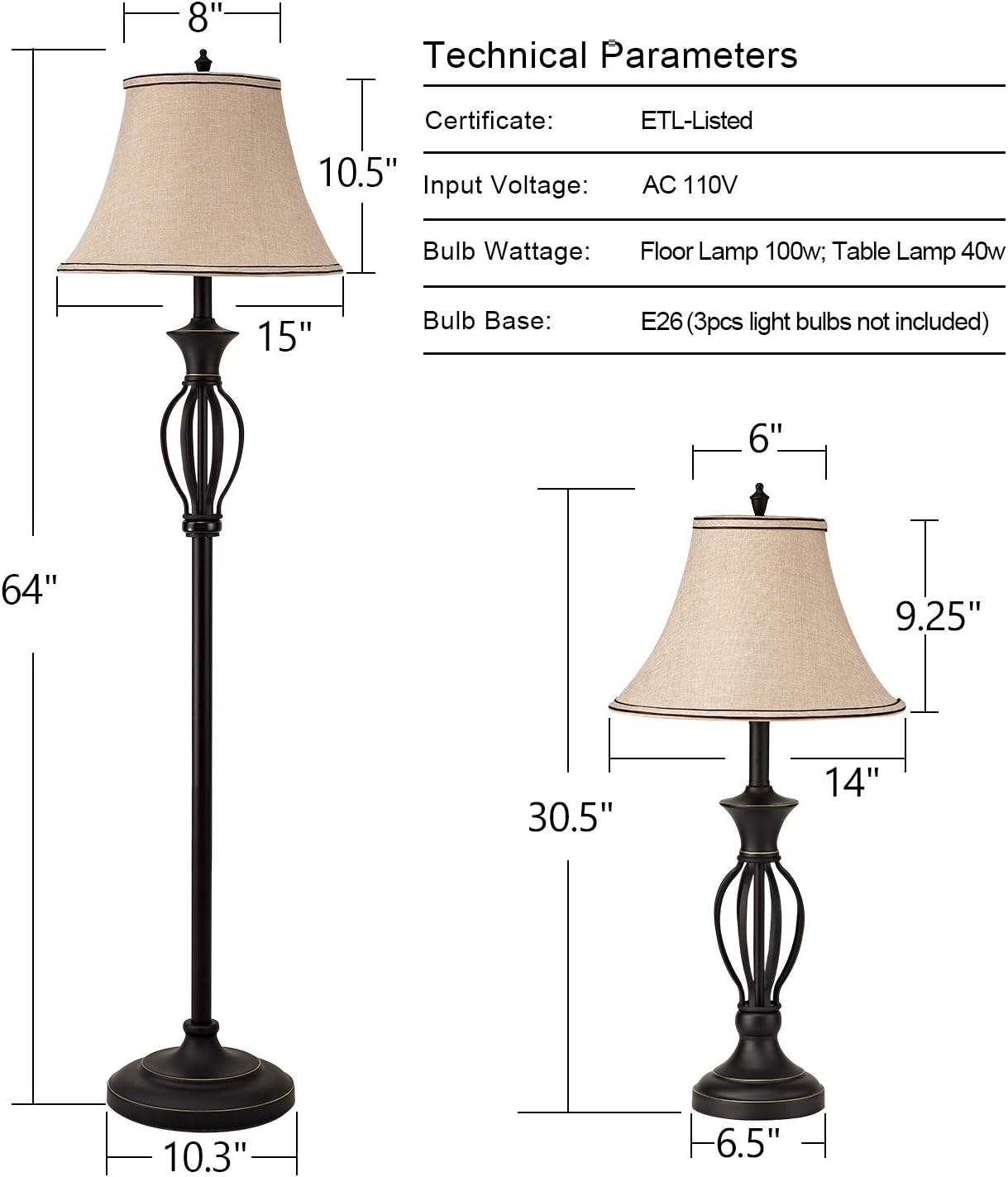 GZBtech Lamp Set of 3 for Living Room, Rustic Farmhouse 1 Floor Lamp 2 Table Lamps with Beige Fabric Lampshade and Black Metal Base, 110V ETL Listed 3 Pcs Bedroom Office Matching Scroll Lamps Set