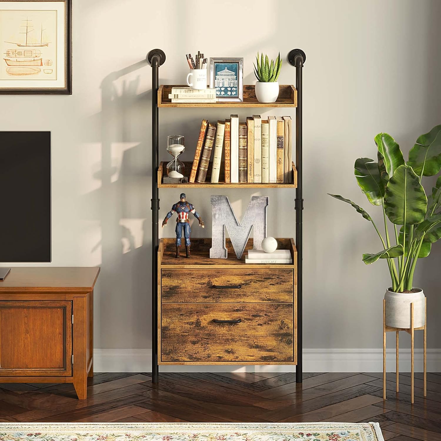 Rolanstar Industrial Bookshelf with 2 Wood Drawers, Wall Mounted 3-Tier Bookcase with Stable Metal Frame, Display Storage Rack with Shelf for Living Room, 49.9&rdquo; Retro Accent Furniture, Rustic Brown