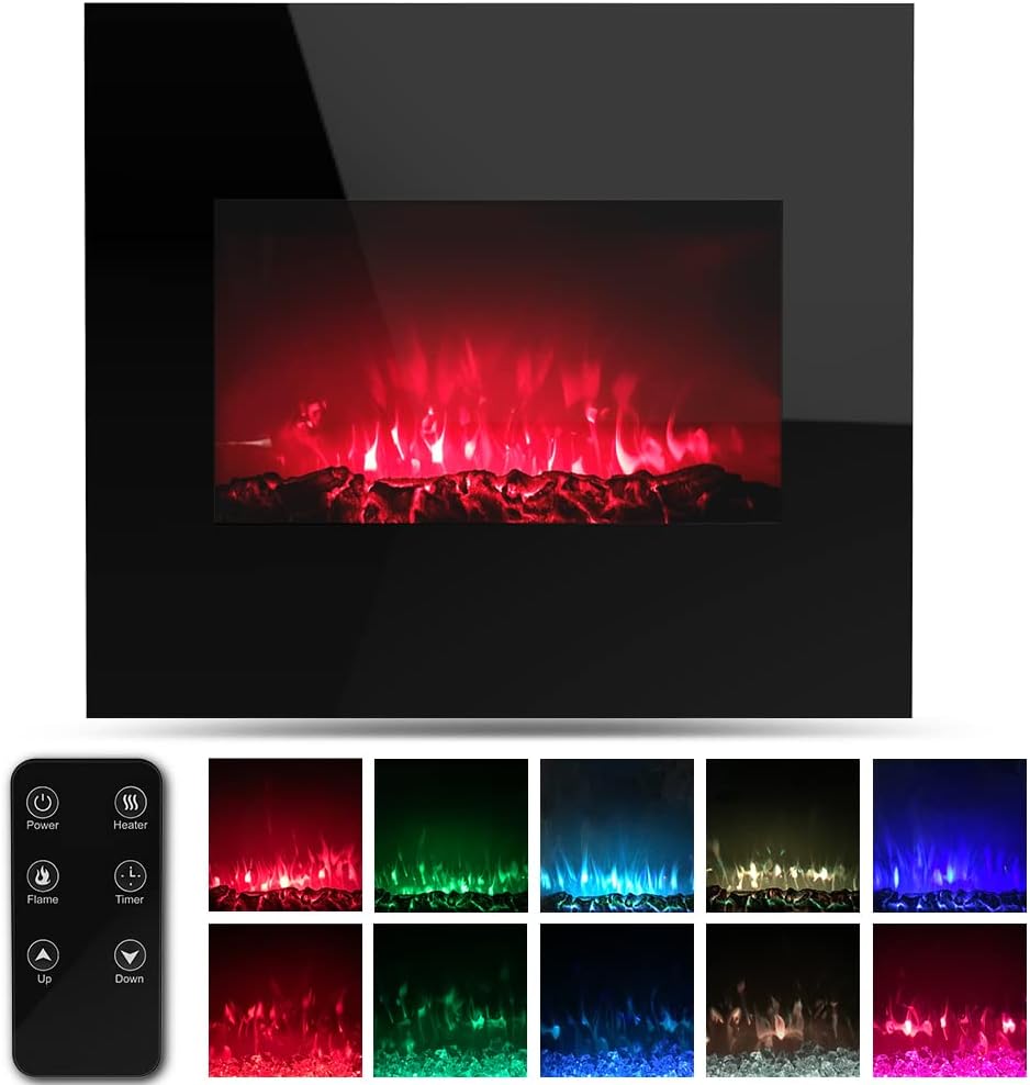 26 inch Electric Fireplace Freestanding and Wall Mounted, Fireplace Heater with Remote Control & Touch Screen, Adjustable Flame Color and Speed, Log/Crystal Options