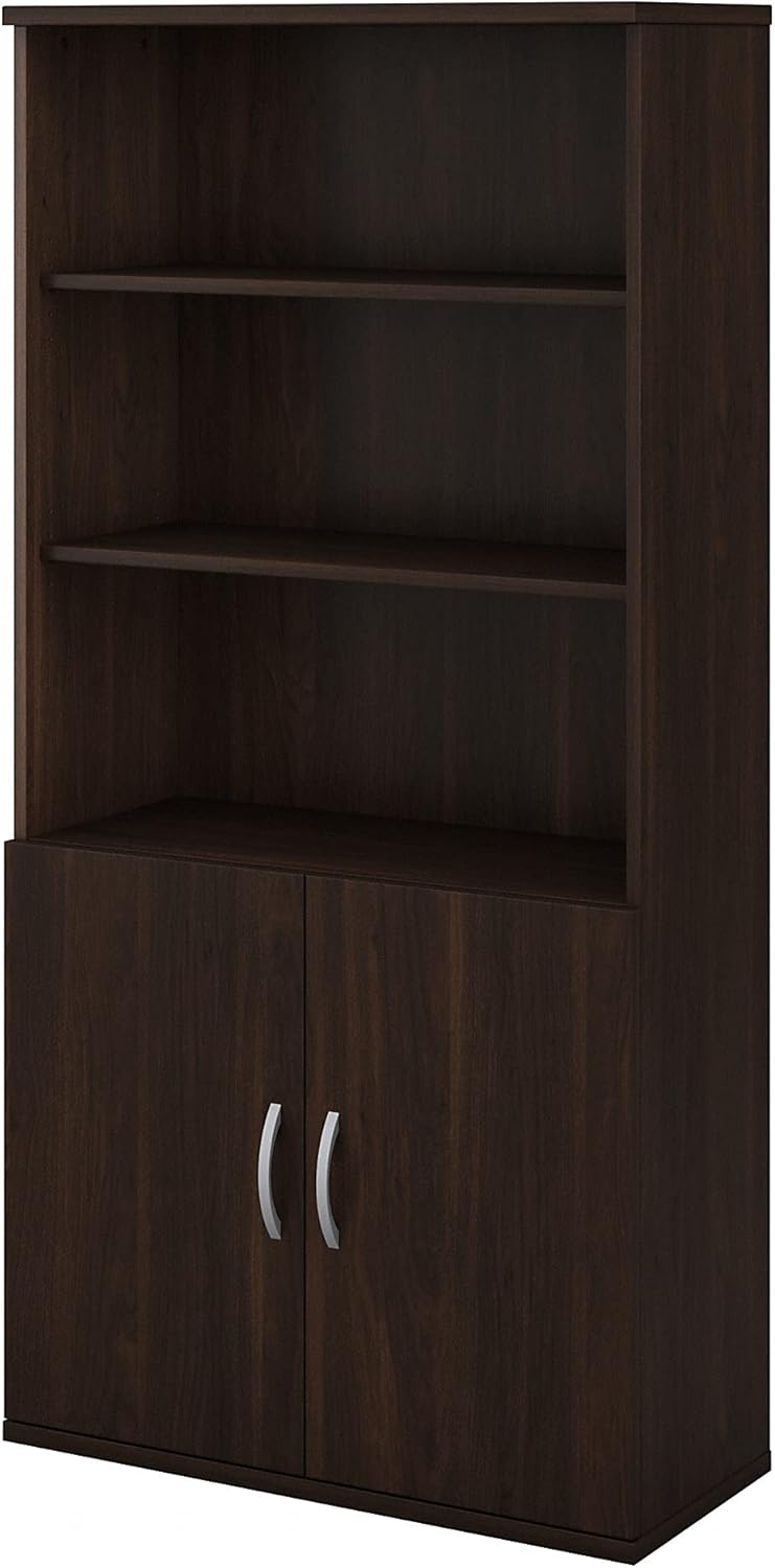 Bush Business Furniture Studio C Tall 5 Shelf Bookcase with Doors, Black Walnut