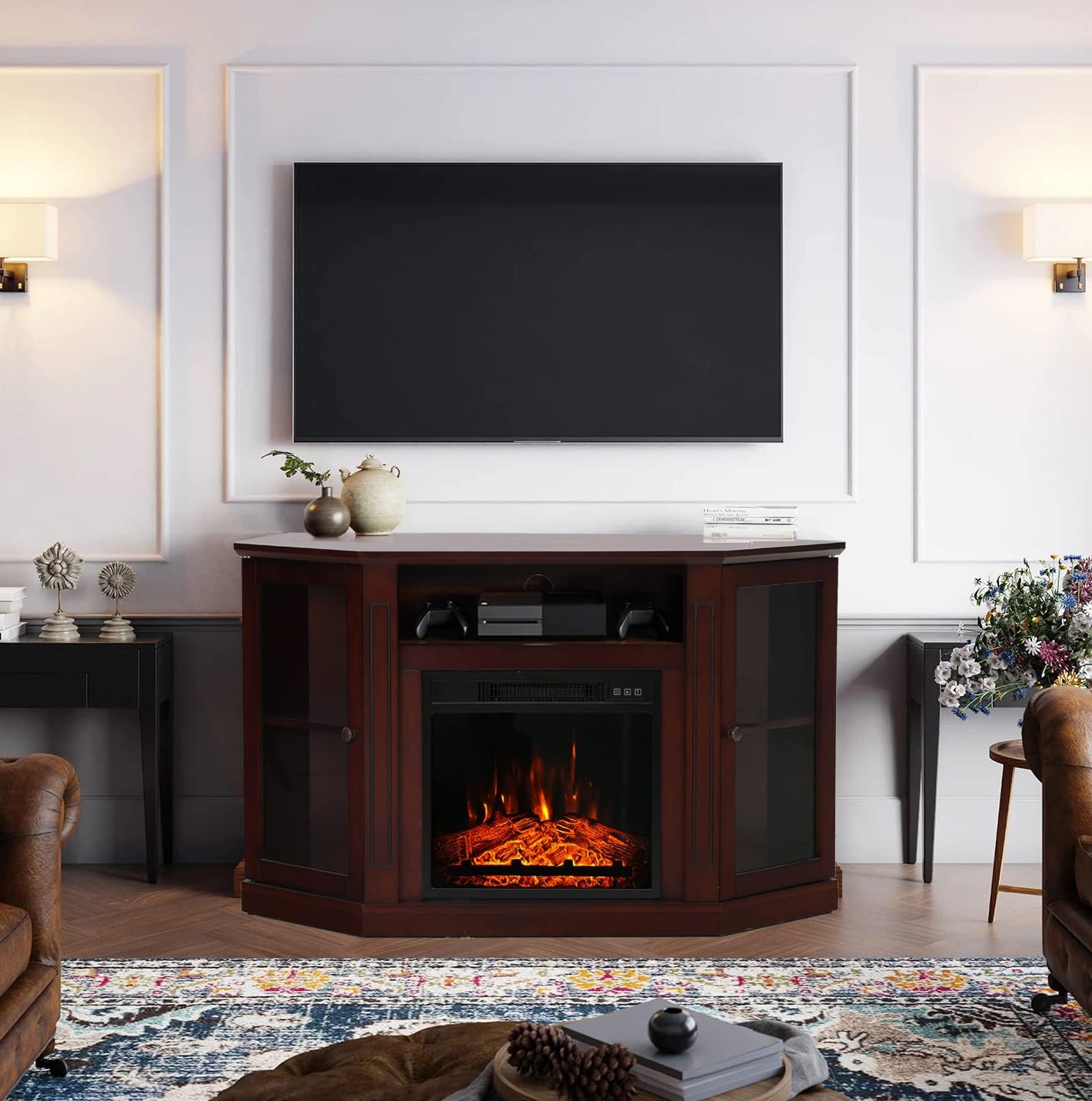 70 Inches Home Mantel Fireplace, Modern Media Fireplace Cabinet for Living Room, Wooden Mantel Console Table with Storage Shelves for 23 Inch Electric Fireplace