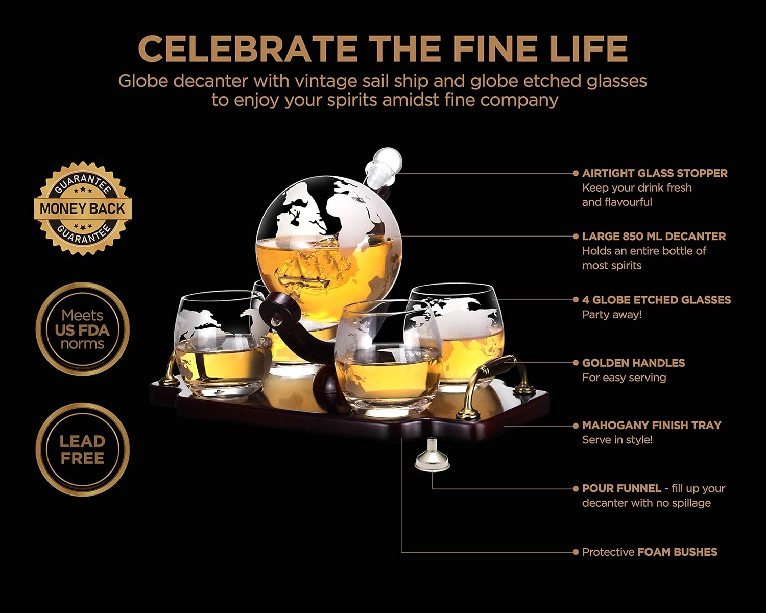 Whiskey Decanter Globe Decanter and Glass Set Antique Ship Decanter Masterpiece Great Gift for Men 28 oz 850 ml 4 Whiskey globe Glasses for Whisky Brandy Scotch Bourbon Pack of 2