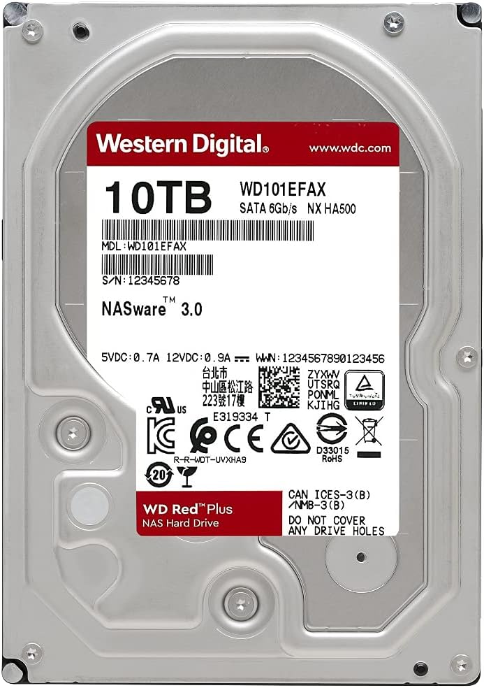 Western Digital 10TB WD Red Plus NAS Internal Hard Drive HDD - 5400 RPM, SATA 6 Gb/s, CMR, 256 MB Cache, 3.5