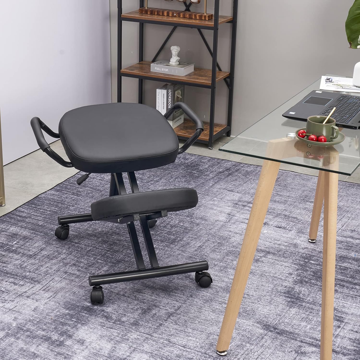 Kneeling Chair Ergonomic for Office with Back Support,KREINAKAWA Posture Chair Adjustable Office Stool with Thick Foam Cushions and Smooth Casters, Office Chair for Back Pain, Black-Backrest