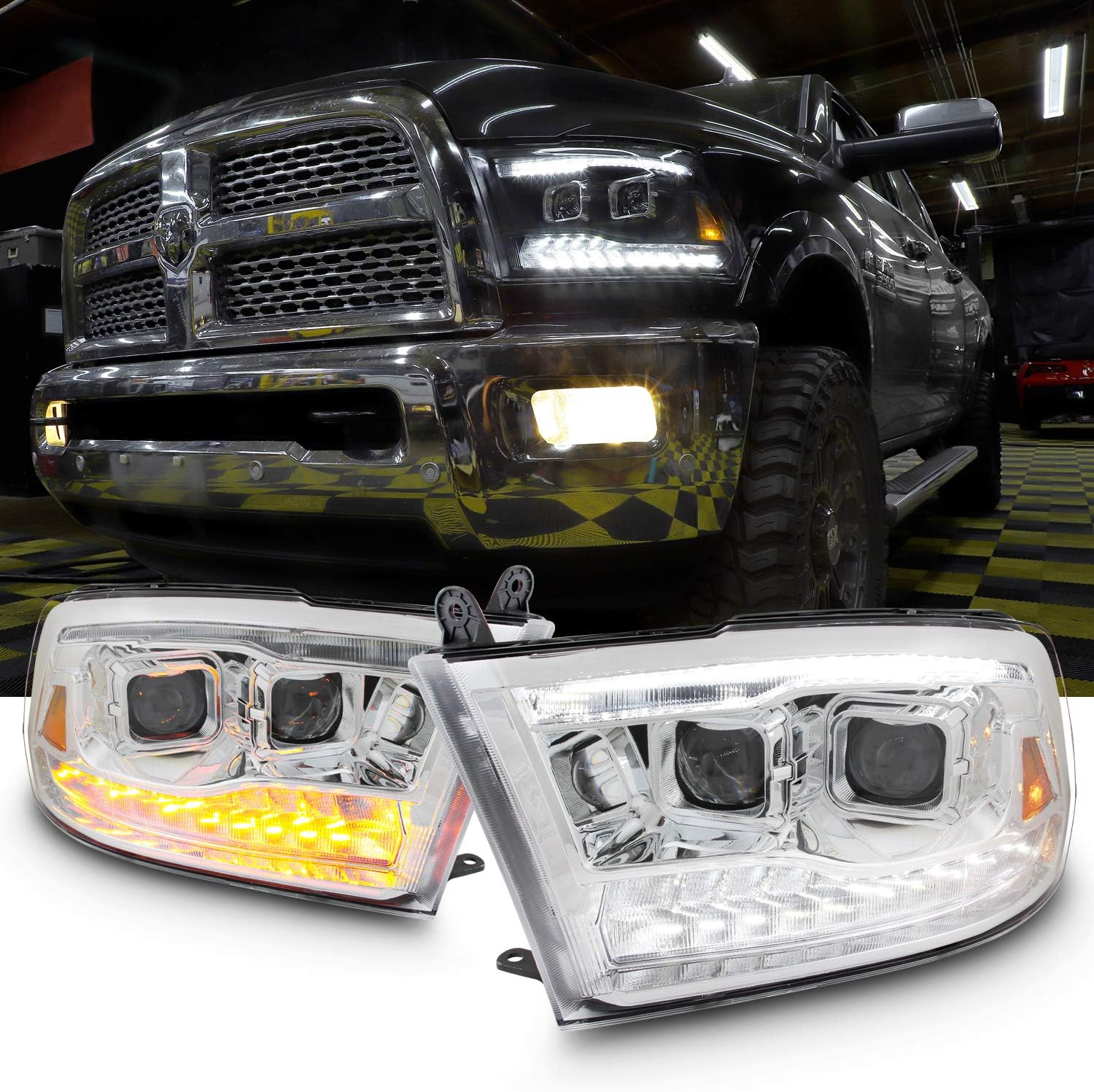 [Factory Upgrade] For 09-18 Dodge Ram 1500 2500 3500 Dual Projector LED DRL Headlights With Light bulbs