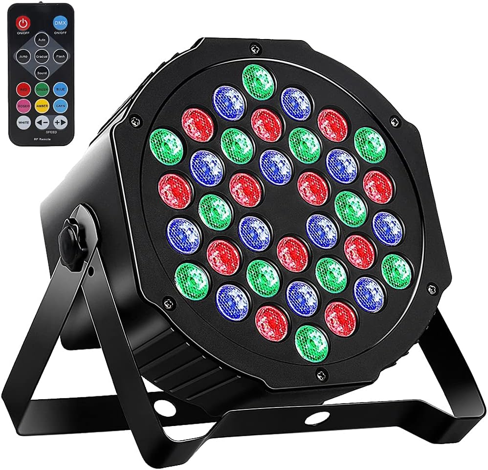 MOSFiATA Stage Lights, RGB 36 LED Par Lights Sound Activated DMX Control, 7 Modes Uplighting Lights with Remote Control DJ Lights, Stage Lighting for Club KTV Disco Party (1 Pack)