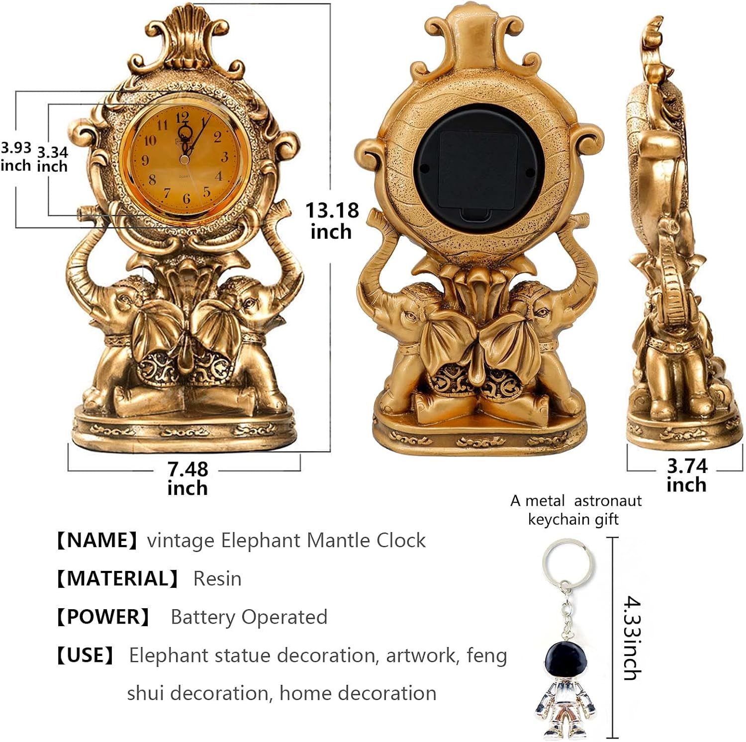 Desk Clock for Mantle Decor,Vintage Elephant Table Clock Battery Operated,Elephant Statue Mantel Clock for Living Room,Shelf,Fireplace,Home,Table Top Decor