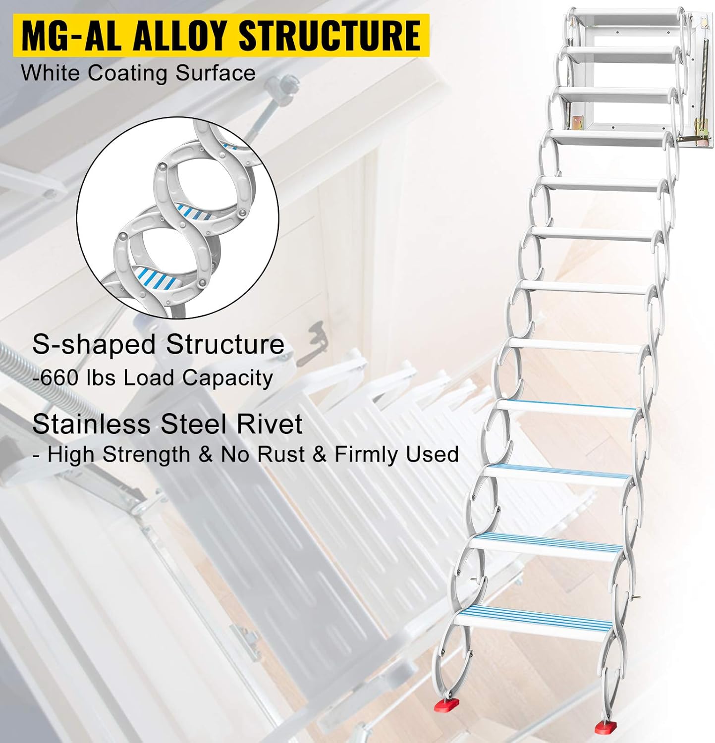 VEVOR Attic Steps Pull Down 12 Steps Attic Stairs Alloy Attic Access Ladder, White Pulldown Attic Stairs, Wall-mounted Folding Stairs for Attic, Retractable Attic Ladder with Armrests, 9.8 feet Height