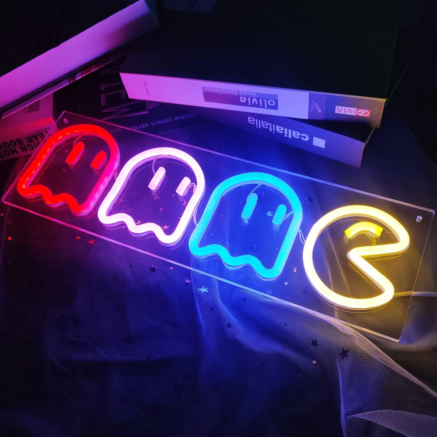 Game Neon Signs Ghost Neon Lights Led Sign Retro Decor Arcade for Game Room Decor with USB/Swicth Led Wall Sign Neon Sign for Bedroom Kids Room Bar Halloween Party Christmas 16''x 6'' Pack of 2