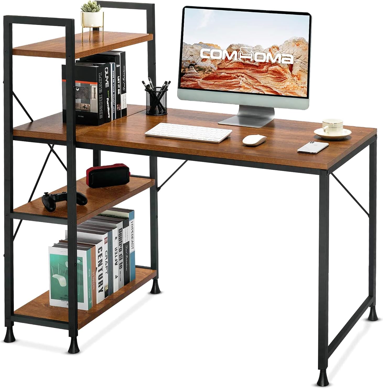 Comhoma Computer Desk with Storage Shelves 47 Inch Home Office Desk with Reversible Bookshelf Study Writing Table Corner Desk for Small Space Easy Assemble, Black