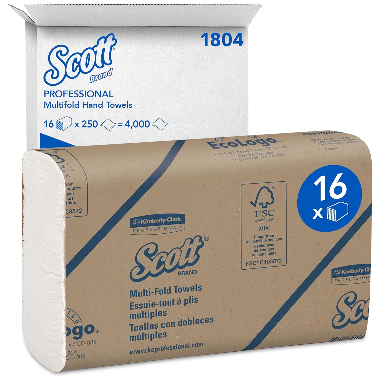 Scott Essential Multifold Paper Towels (01804) with Fast-Drying Absorbency Pockets, White, 16 Packs / Case, 250 Multifold Towels / Pack
