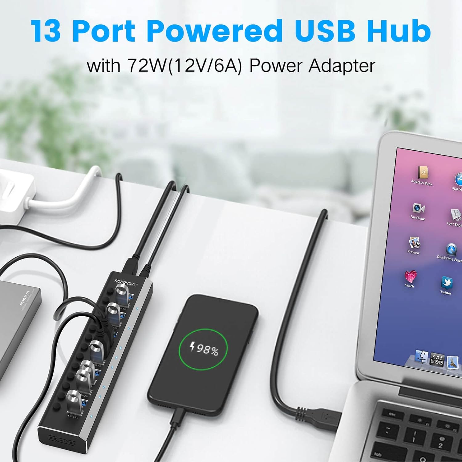 Powered USB Hub Rosonway Aluminum 13 Port USB 3.1 Hub up to 10Gbps with 72W (12V/6A) Power Adapter and Individual Switches, Type A and Type C Cables, USB C Hub Expander for PC and Laptop (RSH-A13) Pack of 2