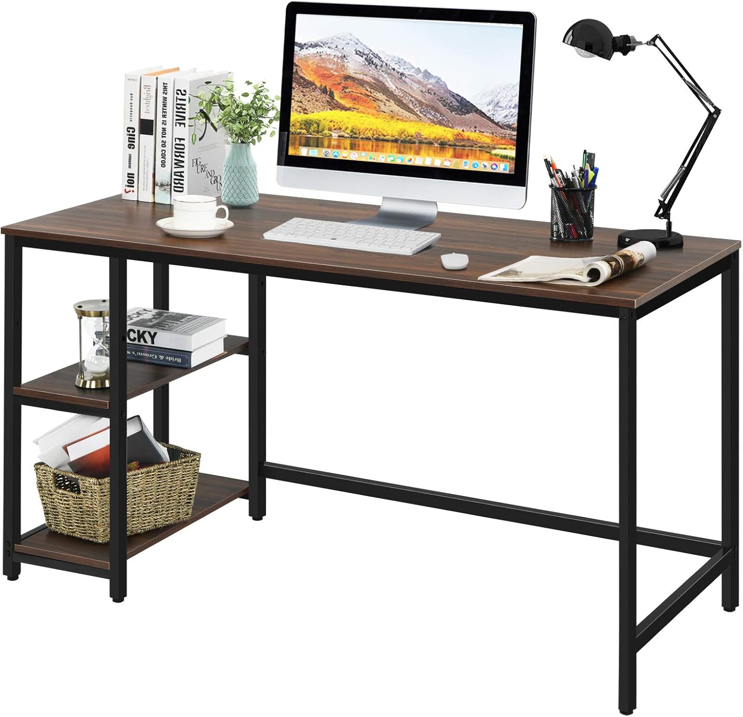 POWERSTONE Home Office Computer Desk with with Storage Shelves Study Writing Table Wooden Desk Office Workstations for Small Space Industrial Simple Style (55 inch, Dark Brown)