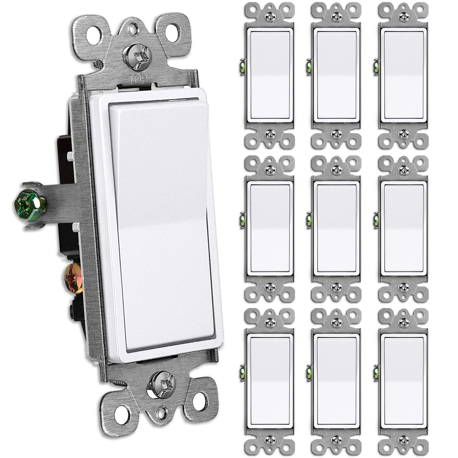 [10 Pack] BESTTEN 3-Way Snow White Decorator Wall Light Switch, 15A/120V, On/Off Rocker Interrupter, ETL Listed