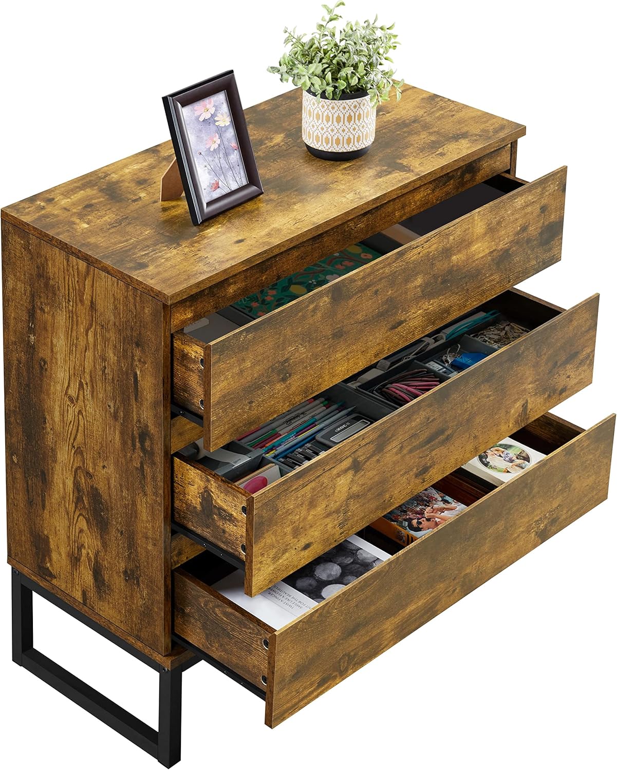 Topeakmart 3 Drawer Storage cabinet Free Standing Accent Organizer for Living Room, Hallway and Office, Sturdy Steel and Wood Frame, Easy to Pull, Rustic Brown