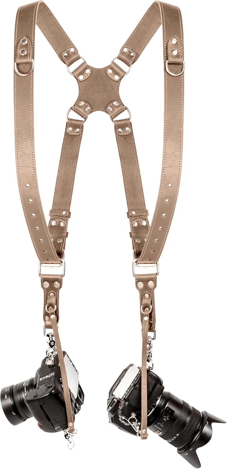 Camera Strap Accessories for Two-Cameras – Dual Shoulder Leather Harness – Multi Camera Gear for DSLR/SLR strap by C Coiro