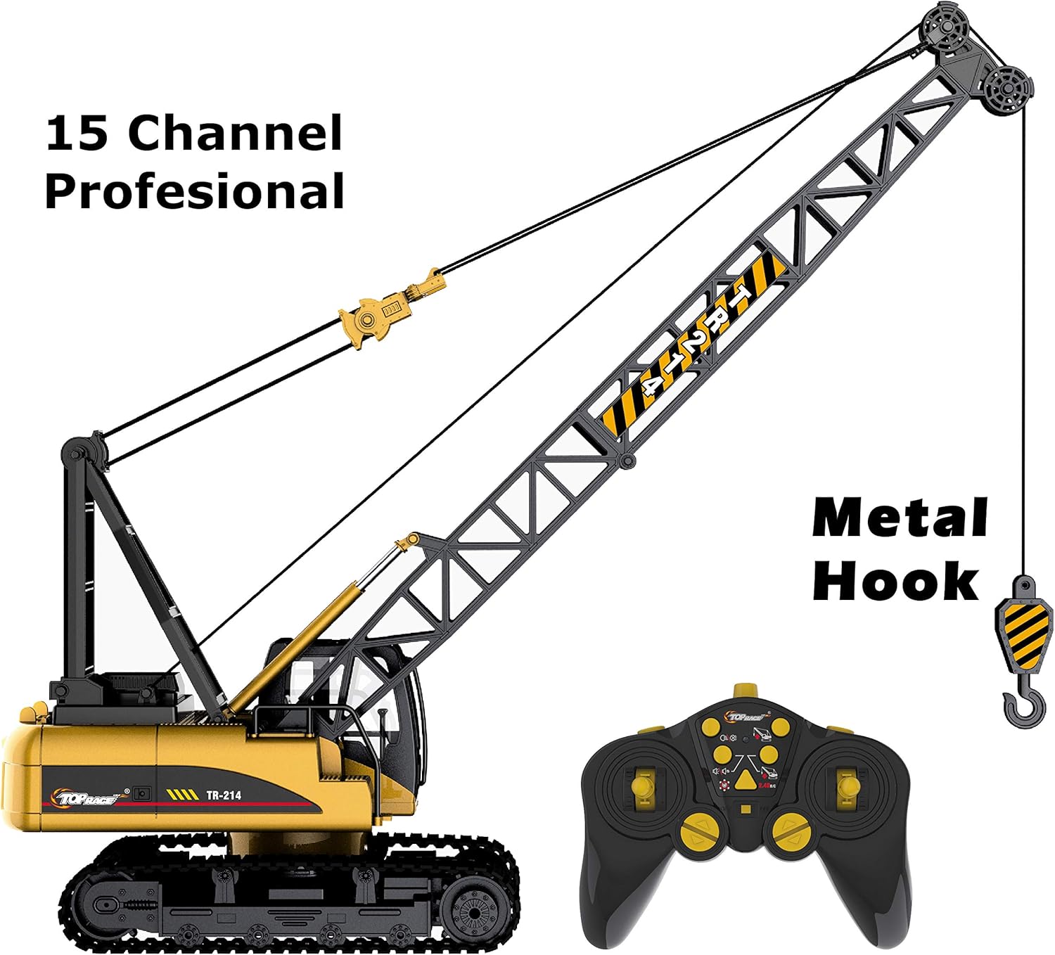 Top Race 15 Channel Remote Control Crane, Proffesional Series, 1:14 Scale - Battery Powered RC Construction Toy Crane with Heavy Metal Hook (TR-214)