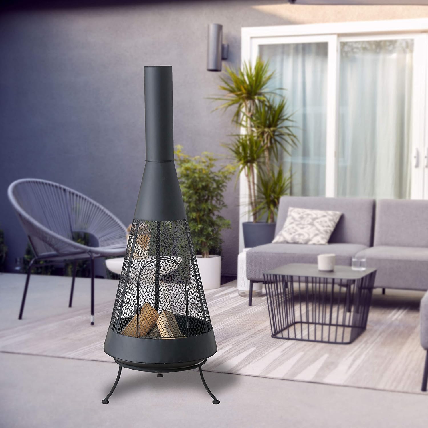 WHW Whole House Worlds Scandi Garden Chiminea, Free Standing Fireplace, Modern Farmhouse Style, Black, Removable Grill, 360 Degree View Basket, Iron, 19.75 D x 56.75 H Inches